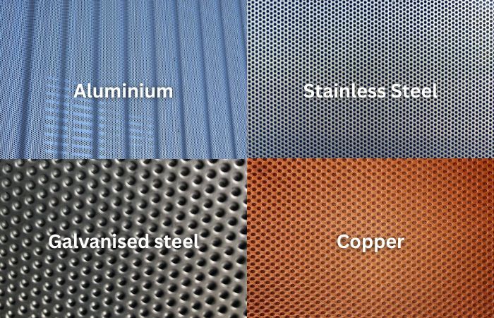 Samples of perforated metal in aluminium, Galvanised steel, stainless steel, and copper, showcasing material variety for architectural and industrial use.