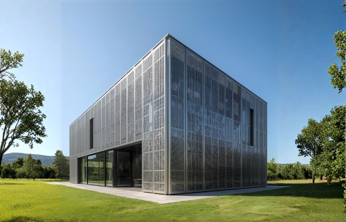 A contemporary structure features perforated metal sheets across its fa&ccedil;ade, creating a sleek, ventilated exterior