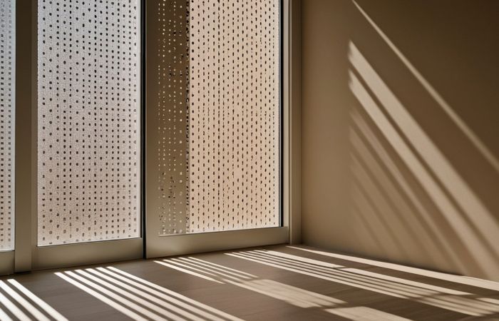 Steel sheets with circular perforations serve as window panels, casting intricate shadows on the floor.